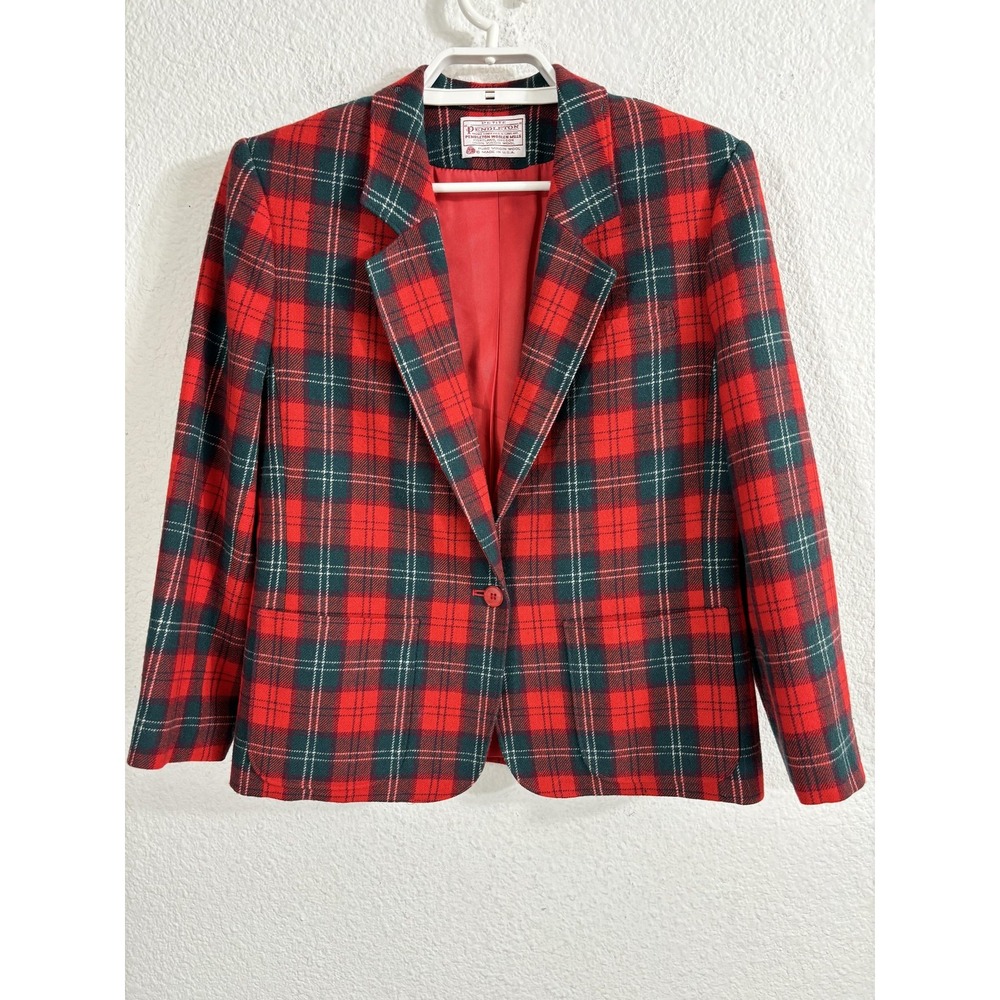 Vintage Pendleton Blazer Womens Petite Medium Red Green Plaid Wool Made USA